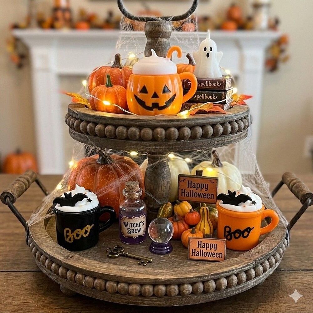 Target Halloween Mini Monstruos Mugs 3 Figures Boos Bat Pumpkin Tiered Tray 2.5”